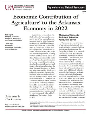Front cover of Economic Contribution of Agriculture to the Arkansas Economy fact sheet. Clicking on image will open report in the current tab.